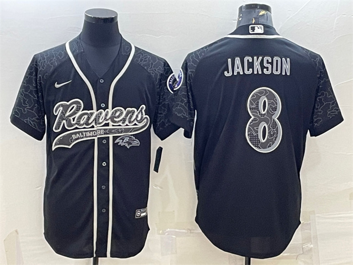 Personalized Men’s Baltimore Ravens #8 Lamar Jackson Black Reflective With Patch Cool Base Stitched Baseball Jersey