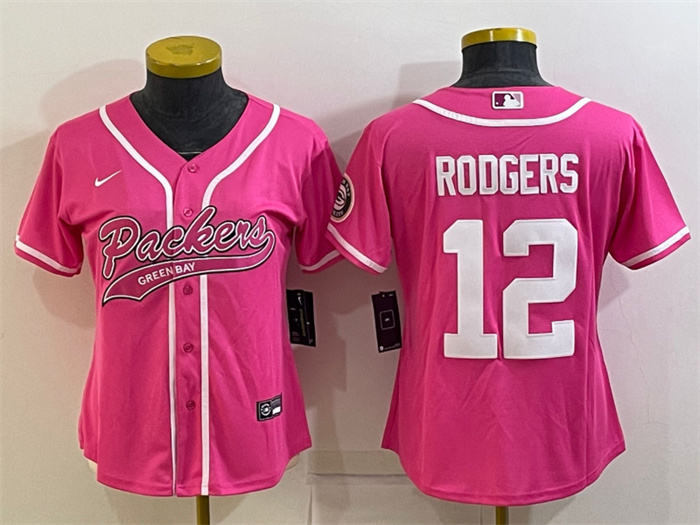 Personalized Women’s Green Bay Packers #12 Aaron Rodgers Pink With Patch Cool Base Stitched Baseball Jersey(Run Small)
