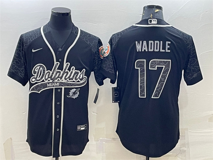 Personalized Men’s Miami Dolphins #17 Jaylen Waddle Black Reflective With Patch Cool Base Stitched Baseball Jersey