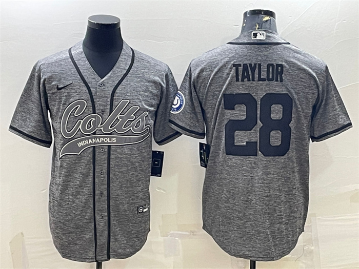 Personalized Men’s Indianapolis Colts #28 Jonathan Taylor Grey With Patch Cool Base Stitched Baseball Jersey