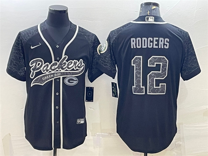 Personalized Men’s Green Bay Packers #12 Aaron Rodgers Black Reflective With Patch Cool Base Stitched Baseball Jersey