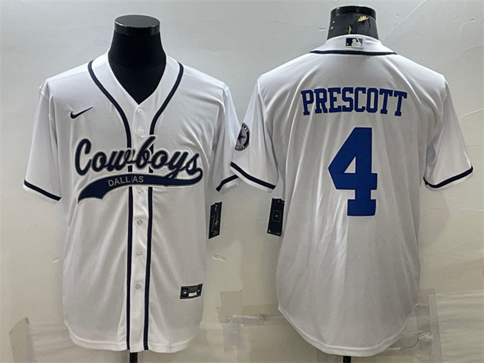 Personalized Men’s Dallas Cowboys #4 Dak Prescott White With Patch Cool Base Stitched Baseball Jersey