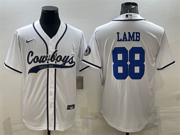 Personalized Men’s Dallas Cowboys #88 CeeDee Lamb White With Patch Cool Base Stitched Baseball Jersey