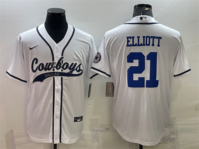 Personalized Men’s Dallas Cowboys #21 Ezekiel Elliott White With Patch Cool Base Stitched Baseball Jersey