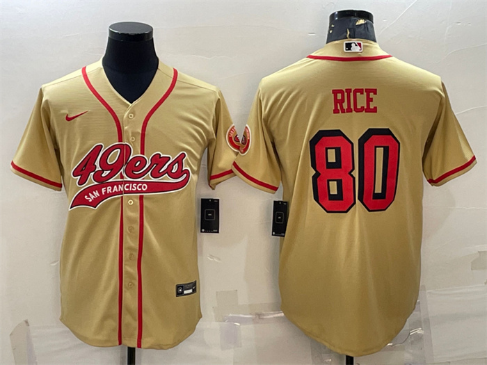 Personalized Men’s San Francisco 49ers #80 Jerry Rice New Gold With Patch Cool Base Stitched Baseball Jersey