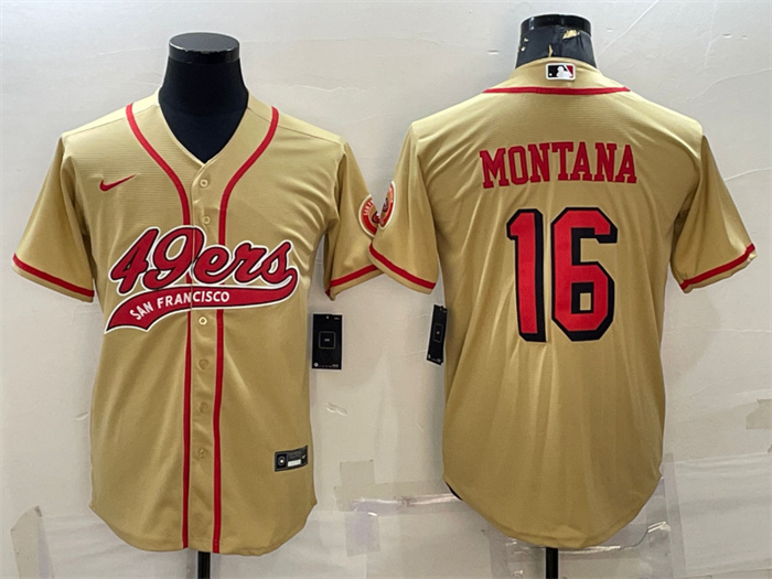 Personalized Men’s San Francisco 49ers #16 Joe Montana New Gold With Patch Cool Base Stitched Baseball Jersey