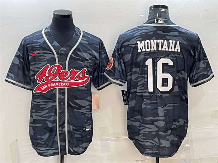 Personalized Men’s San Francisco 49ers #16 Joe Montana Grey Camo With Patch Cool Base Stitched Baseball Jersey