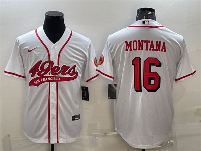 Personalized Men’s San Francisco 49ers #16 Joe Montana New White With Patch Cool Base Stitched Baseball Jersey
