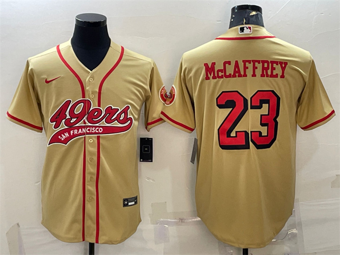 Personalized Men’s San Francisco 49ers #23 Christian McCaffrey New Gold With Patch Cool Base Stitched Baseball Jersey