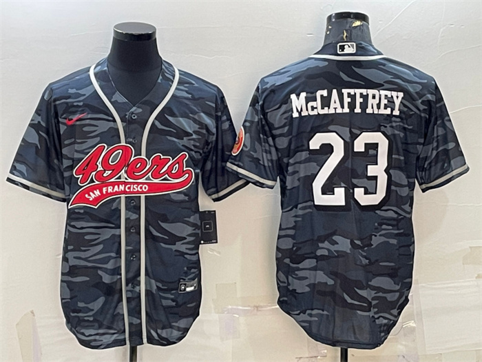Personalized Men’s San Francisco 49ers #23 Christian McCaffrey Grey Camo With Patch Cool Base Stitched Baseball Jersey