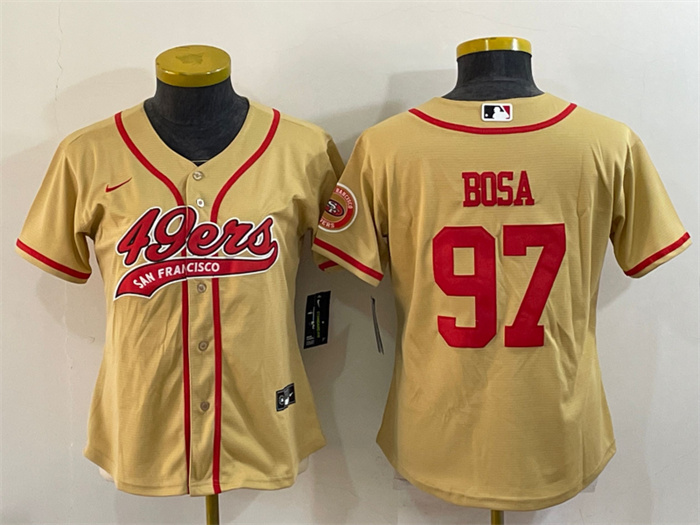 Personalized Women’s San Francisco 49ers #97 Nick Bosa Gold With Patch Cool Base Stitched Baseball Jersey(Run Small)