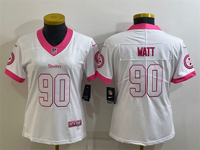 Personalized Women’s Pittsburgh Steelers #90 T. J. Watt White Pink Untouchaable Limited Stitched Jersey(Run Small)