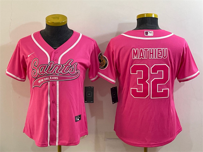 Personalized Women’s New Orleans Saints #32 Tyrann Mathieu Pink With Patch Cool Base Stitched Baseball Jersey(Run Small)