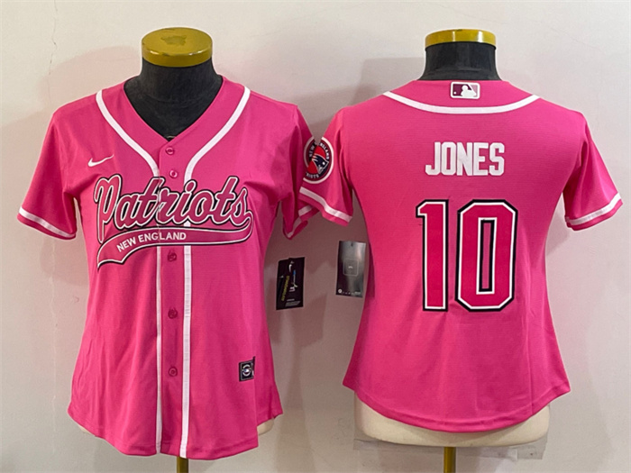 Personalized Women’s New England Patriots #10 Mac Jones Pink With Patch Cool Base Stitched Baseball Jersey(Run Small)