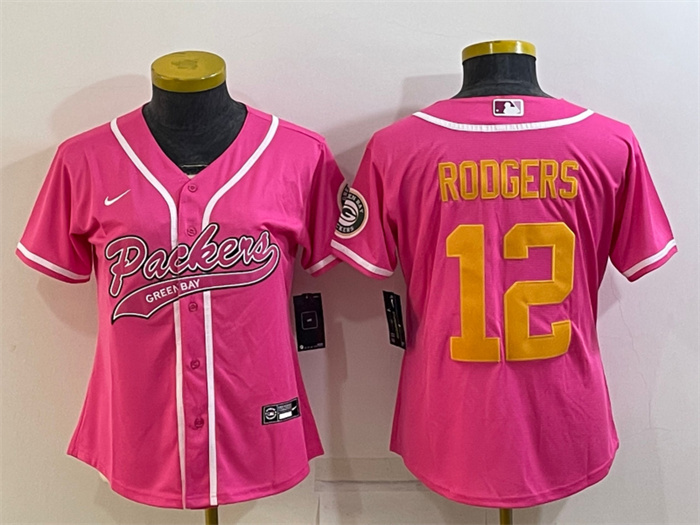 Personalized Women’s Green Bay Packers #12 Aaron Rodgers Pink Gold With Patch Cool Base Stitched Baseball Jersey(Run Small)