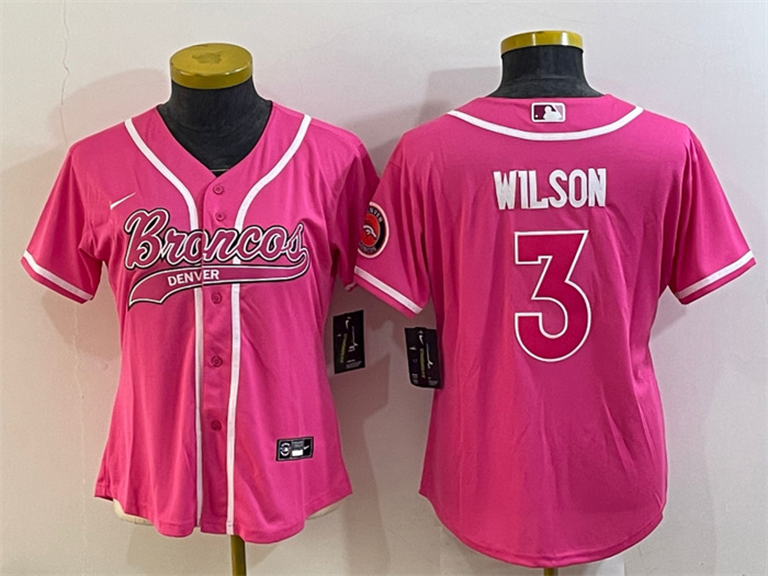 Personalized Women’s Denver Broncos #3 Russell Wilson Pink With Patch Cool Base Stitched Baseball Jersey(Run Small)