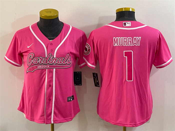 Personalized Women’s Arizona Cardinals #1 Kyler Murray Pink With Patch Cool Base Stitched Baseball Jersey(Run Small)