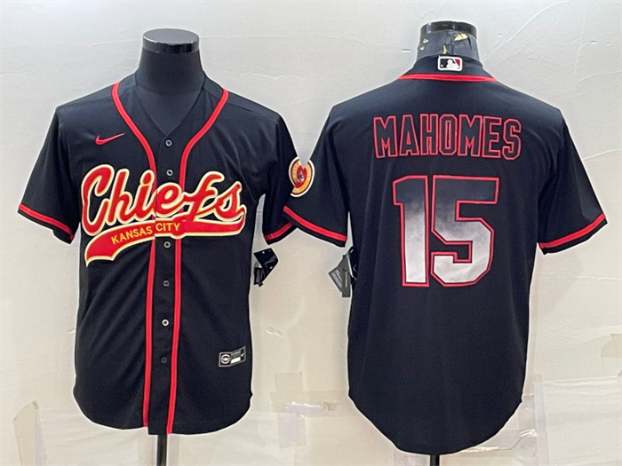 Personalized Men’s Kansas City Chiefs #15 Patrick Mahomes Black Red With Patch Cool Base Stitched Baseball Jersey