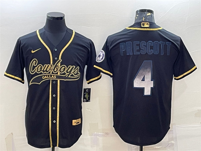 Personalized Men’s Dallas Cowboys #4 Dak Prescott Black Gold With Patch Cool Base Stitched Baseball Jersey