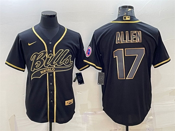 Personalized Men’s Buffalo Bills #17 Josh Allen Black Gold Edition With Patch Cool Base Stitched Baseball Jersey