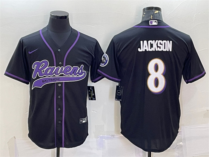 Personalized Men’s Baltimore Ravens #8 Lamar Jackson Black With Patch Cool Base Stitched Baseball Jersey
