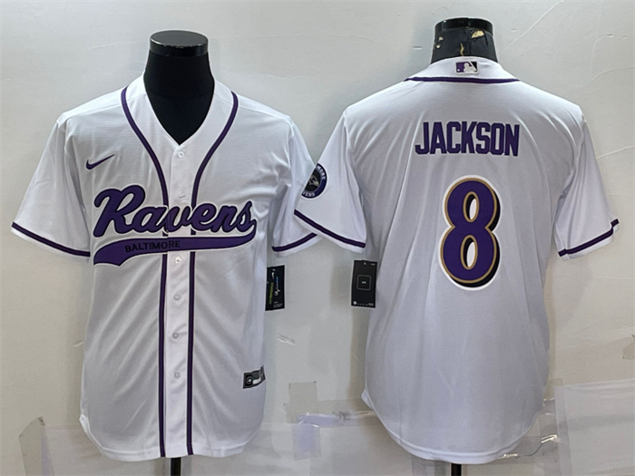 Personalized Men’s Baltimore Ravens #8 Lamar Jackson White With Patch Cool Base Stitched Baseball Jersey
