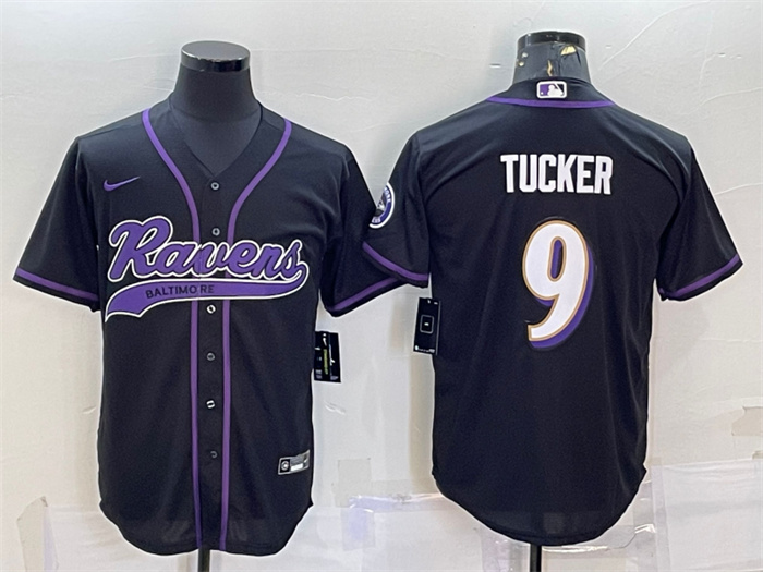 Personalized Men’s Baltimore Ravens #9 Justin Tucker Black With Patch Cool Base Stitched Baseball Jersey