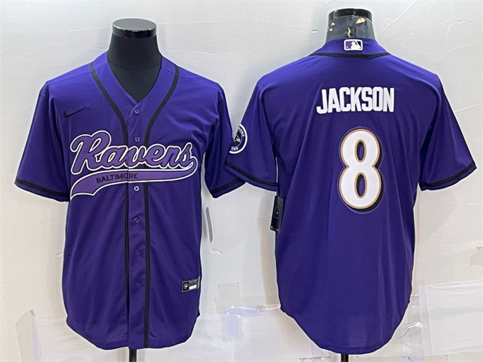 Personalized Men’s Baltimore Ravens #8 Lamar Jackson Purple With Patch Cool Base Stitched Baseball Jersey