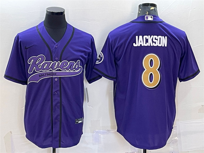 Personalized Men’s Baltimore Ravens #8 Lamar Jackson Purple Gold With Patch Cool Base Stitched Baseball Jersey