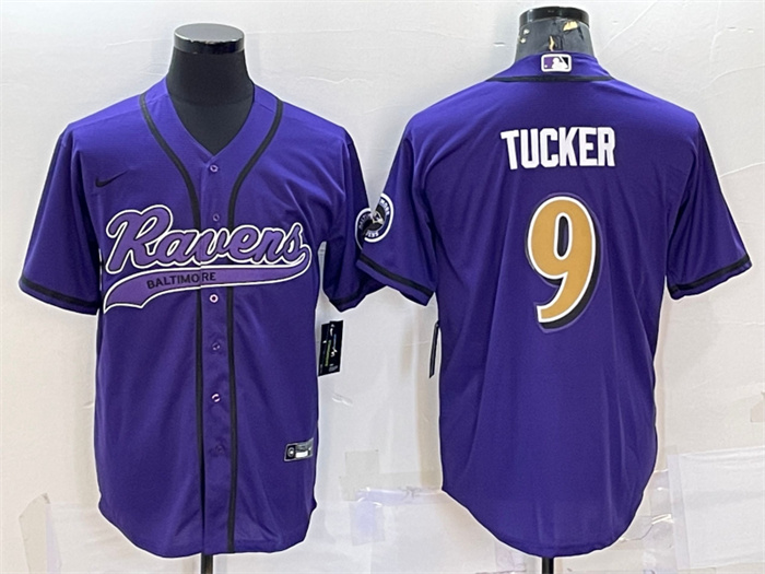 Personalized Men’s Baltimore Ravens #9 Justin Tucker Purple Gold With Patch Cool Base Stitched Baseball Jersey