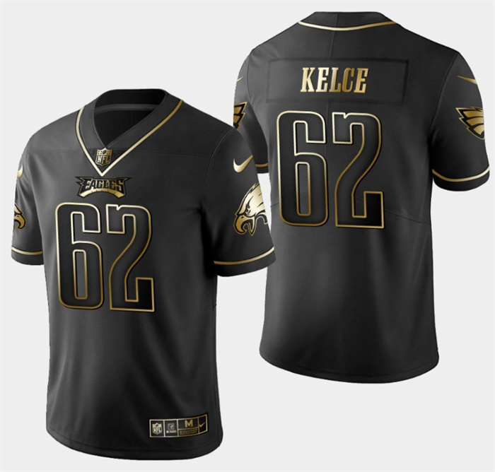 Personalized Men’s Philadelphia Eagles #62 Jason Kelce Black Golden Edition Stitched Baseball Jersey