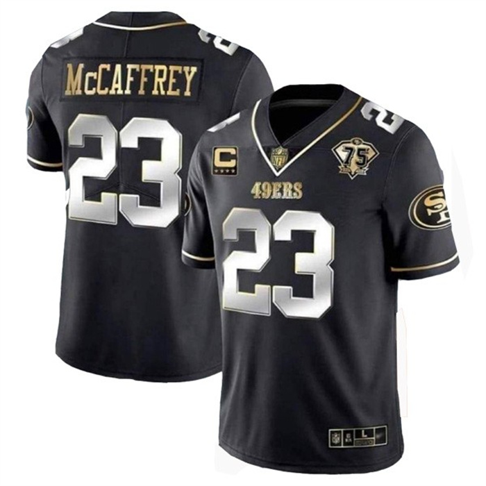 Personalized Men’s San Francisco 49ers #23 Christian McCaffrey Black Gold With C Patch Untouchable Limited Stitched Football Jersey