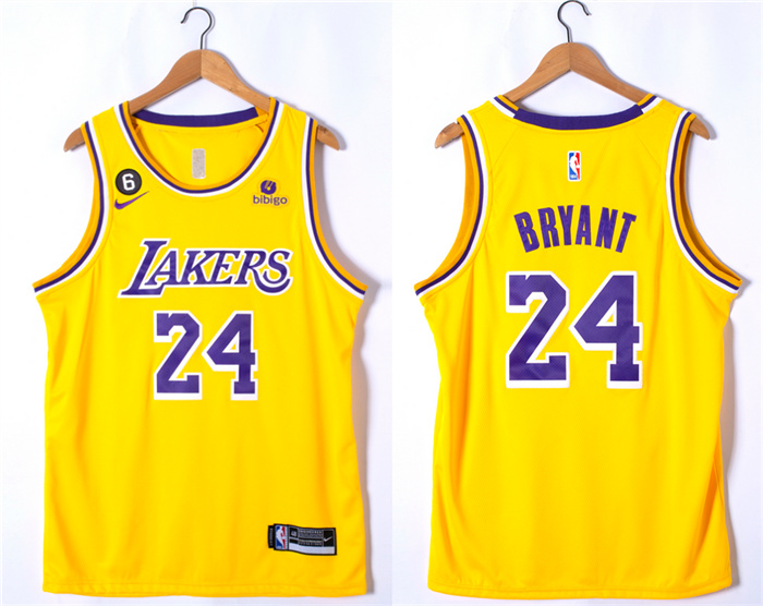 Personalized Men’s Los Angeles Lakers #24 Kobe Bryant Yellow With NO.6 Patch Stitched Basketball Jersey