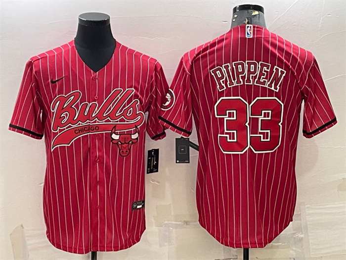 Personalized Men’s Chicago Bulls #33 Scottie Pippen Red With Patch Cool Base Stitched Baseball Jersey
