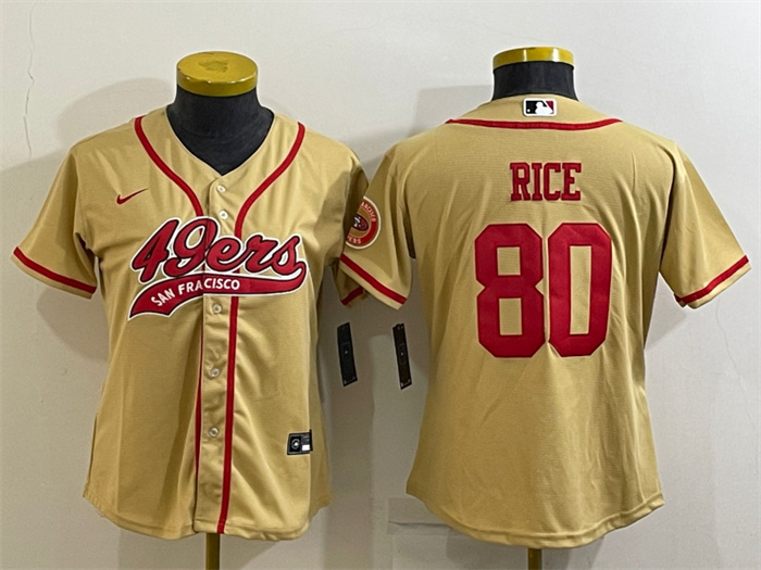 Personalized Women’s San Francisco 49ers #80 Jerry Rice Gold With Patch Cool Base Stitched Baseball Jersey(Run Small)