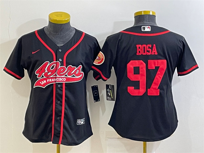 Personalized Women’s San Francisco 49ers #97 Nick Bosa Black With Patch Cool Base Stitched Baseball Jersey(Run Small)