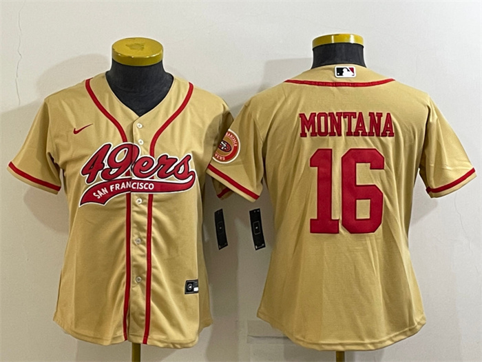 Personalized Women’s San Francisco 49ers #16 Joe Montana Gold With Patch Cool Base Stitched Baseball Jersey(Run Small)