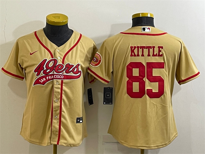 Personalized Women’s San Francisco 49ers #85 George Kittle Gold With Patch Cool Base Stitched Baseball Jersey(Run Small)