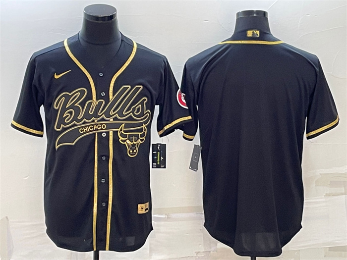 Personalized Men’s Chicago Bulls Blank Black Gold Cool Base Stitched Baseball Jersey