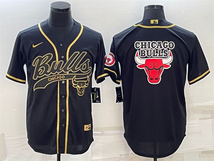 Personalized Men’s Chicago Bulls Black Gold Team Big Logo Cool Base Stitched Baseball Jersey