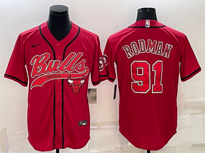 Personalized Men’s Chicago Bulls #91 Dennis Rodman Red With Patch Cool Base Stitched Baseball Jersey