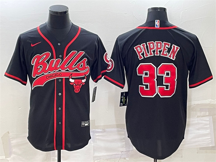 Personalized Men’s Chicago Bulls #33 Scottie Pippen Black With Patch Cool Base Stitched Baseball Jersey