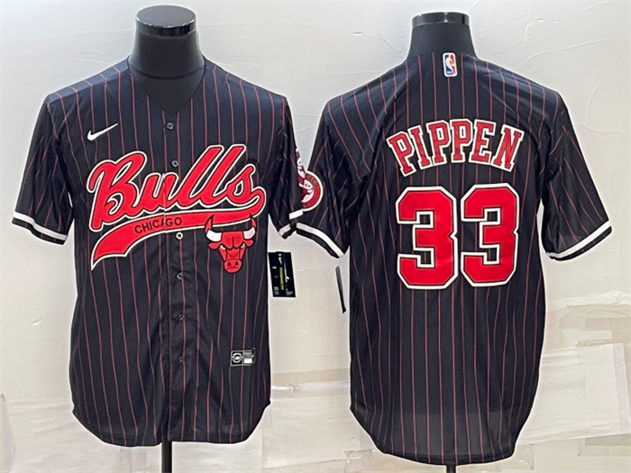 Personalized Men’s Chicago Bulls #33 Scottie Pippen Black With Patch Cool Base Stitched Baseball JerseyS