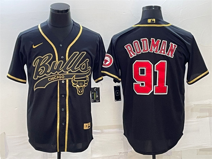 Personalized Men’s Chicago Bulls #91 Dennis Rodman Black Gold With Patch Cool Base Stitched Baseball Jersey