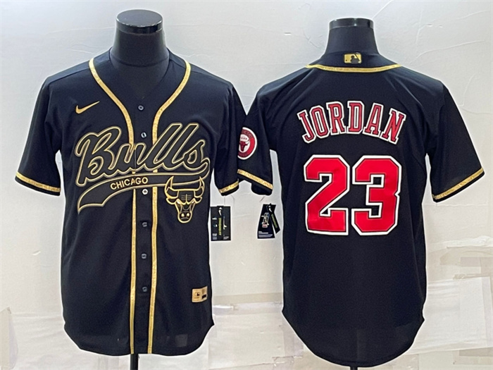 Personalized Men’s Chicago Bulls #23 Michael Jordan Black Gold With Patch Cool Base Stitched Baseball Jersey