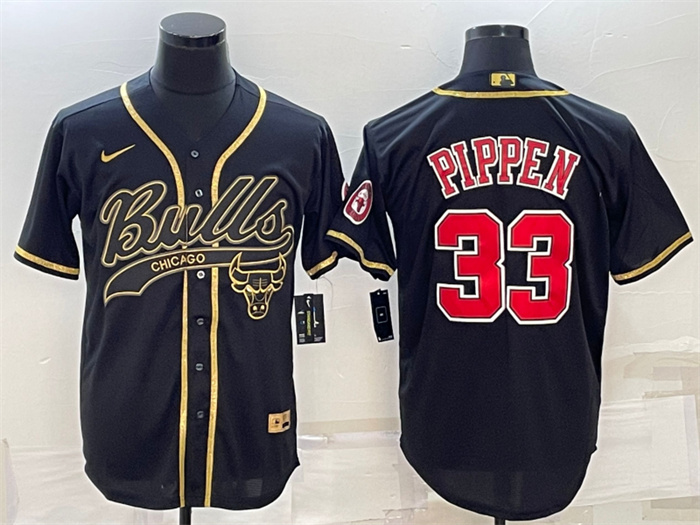 Personalized Men’s Chicago Bulls #33 Scottie Pippen Black Gold With Patch Cool Base Stitched Baseball Jersey