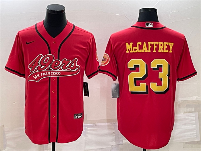 Personalized Men’s San Francisco 49ers #23 Christian McCaffrey Red Gold With Patch Cool Base Stitched Baseball Jersey