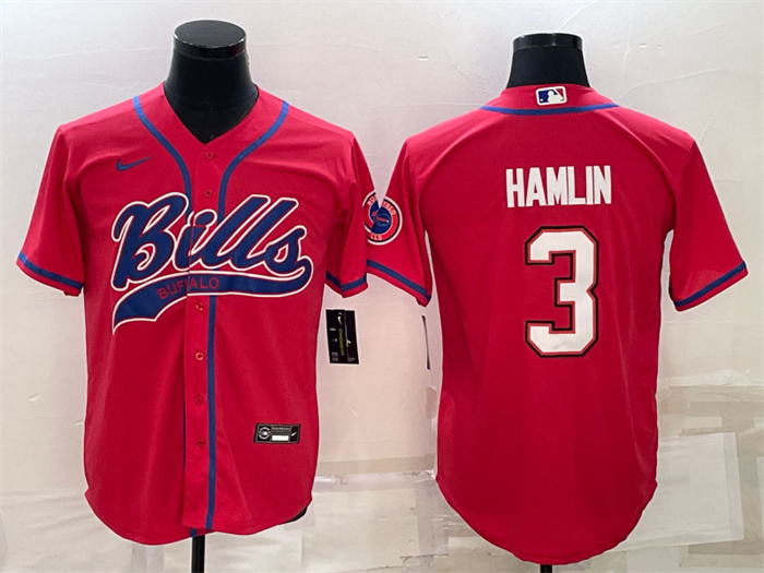 Personalized Men’s Buffalo Bills #3 Damar Hamlin Red With Patch Cool Base Stitched Baseball Jersey