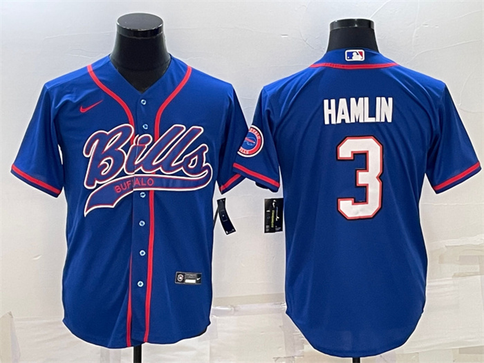 Personalized Men’s Buffalo Bills #3 Damar Hamlin Royal With Patch Cool Base Stitched Baseball Jersey