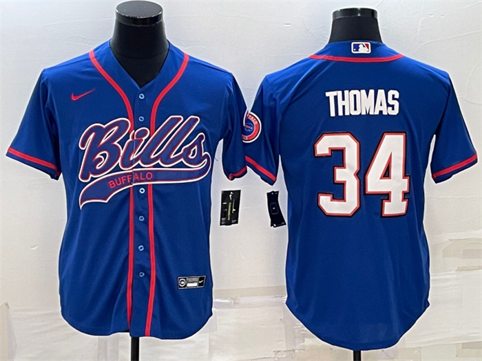 Personalized Men’s Buffalo Bills #34 Thurman Thomas Royal With Patch Cool Base Stitched Baseball Jersey